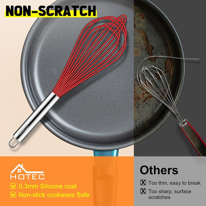 HOTEC 4 Pieces Silicone Whisks Set, Wire Balloon Whisks for cooking Egg Beater, Non-slip Handle Whisk for Non-stick Cookware Perfect for Cooking, Stirring, Beating and Blending (Multicolor)