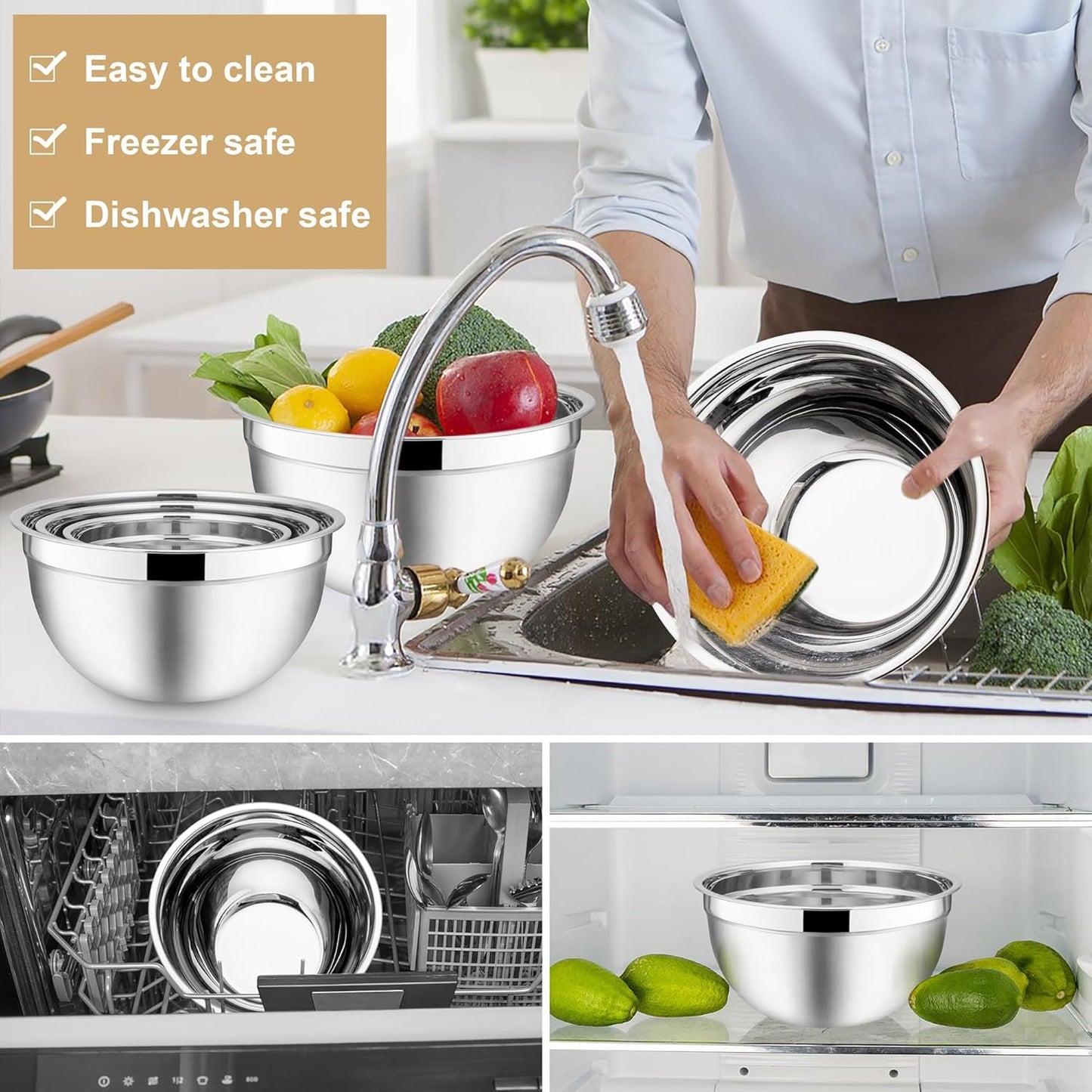 E-far Mixing Bowls with Lids, 6-Piece Stainless Steel Salad Bowls Metal Nesting Bowls for Baking Cooking and Prepping, Airtight Lids & Stackable Design, Size 4.5, 3, 1.5 QT (Black)