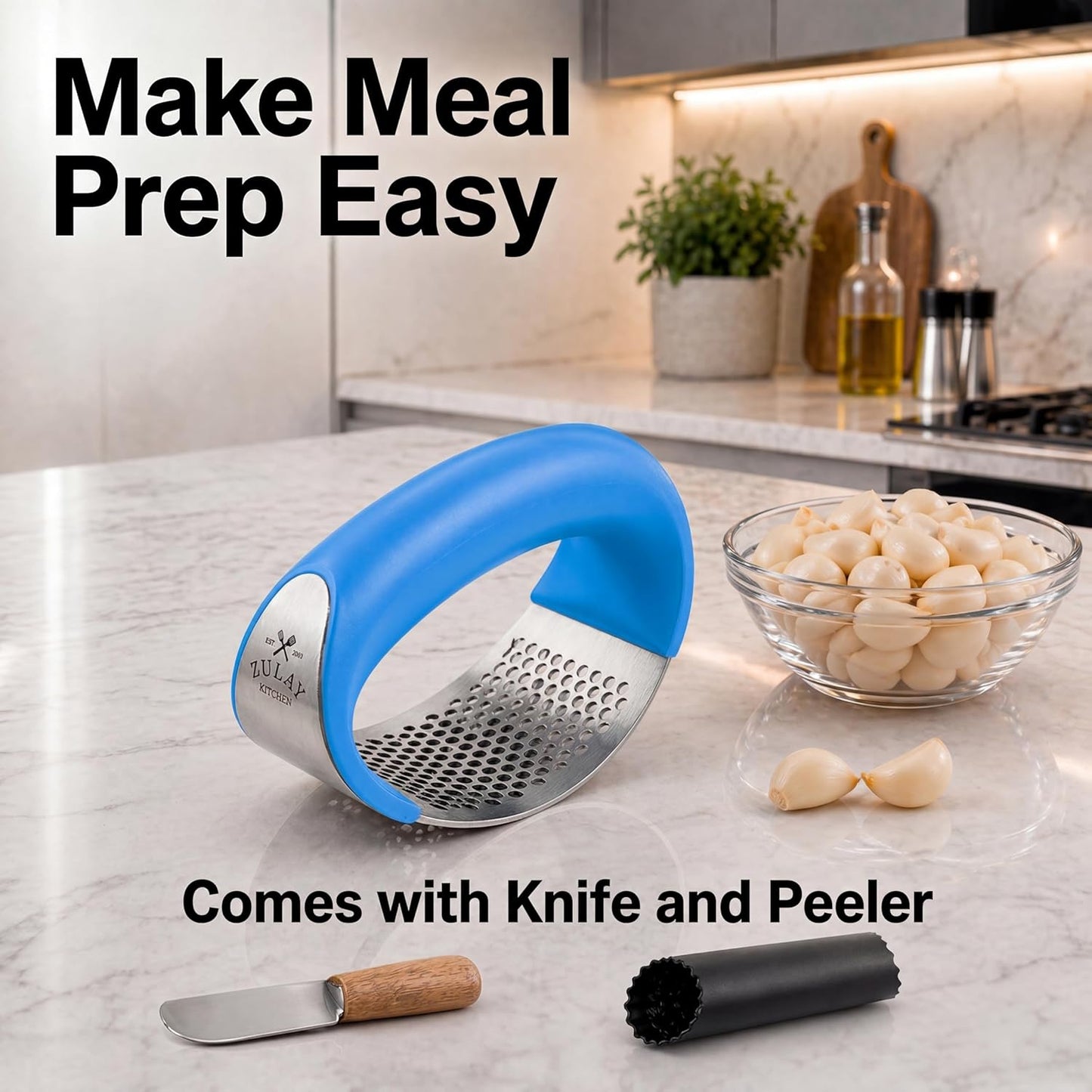 Zulay Kitchen Stainless Steel Garlic Press Rocker Set - Premium Garlic Mincer Garlic Crusher - New Innovative Garlic Crusher with Peeler and Scraper - Comfortable Grip (Black)