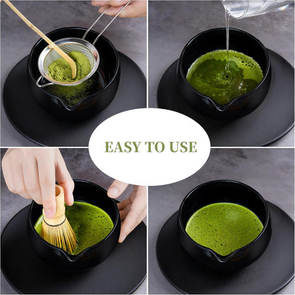 YIBO Matcha Whisk Set With Bowl, Ceramic Matcha Making Kit Includes Bamboo Whisk (Chasen), Holder Stand, Powder Starter Sifter, Scoop, Measuring Spoon & Cup Tea Tools For Ceremony (Mottled Green)