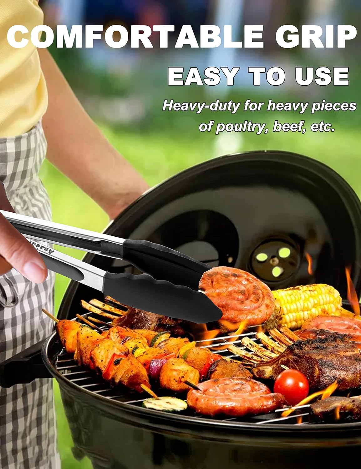 Anaeat Non-Stick Silicone Locking Tong Set of 3 - Stainless Steel 7", 9", 12" Kitchen Food Tongs with Non-Slip Silicone Tips and Grip for Cooking, Baking and BBQ - Heat Resistant up to 480°F (Black)