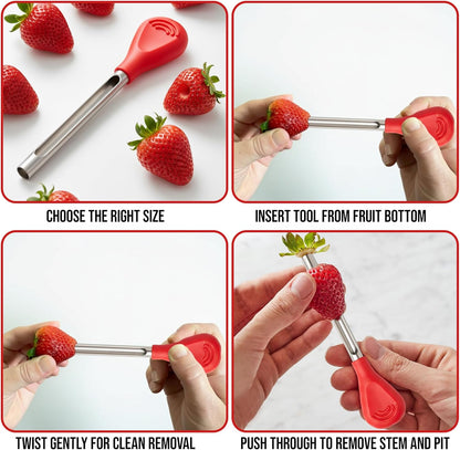 Iconikal 2-Pack Strawberry Huller and Pitter, Stainless Steel Core Remover, 5-inch, Red Handle