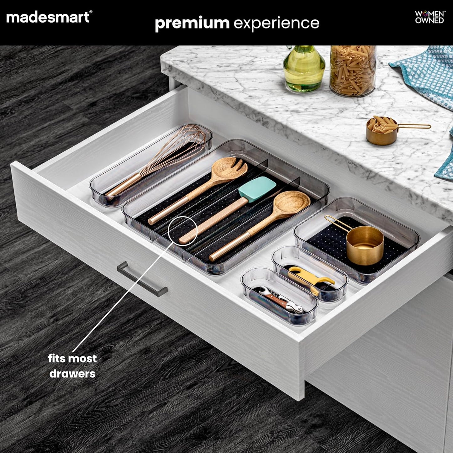 madesmart Premium Small Utensil Tray, Deep Storage for Ladles, Whisks & Serving Tools, Non Slip Lining, for Drawers & Home Organization, White