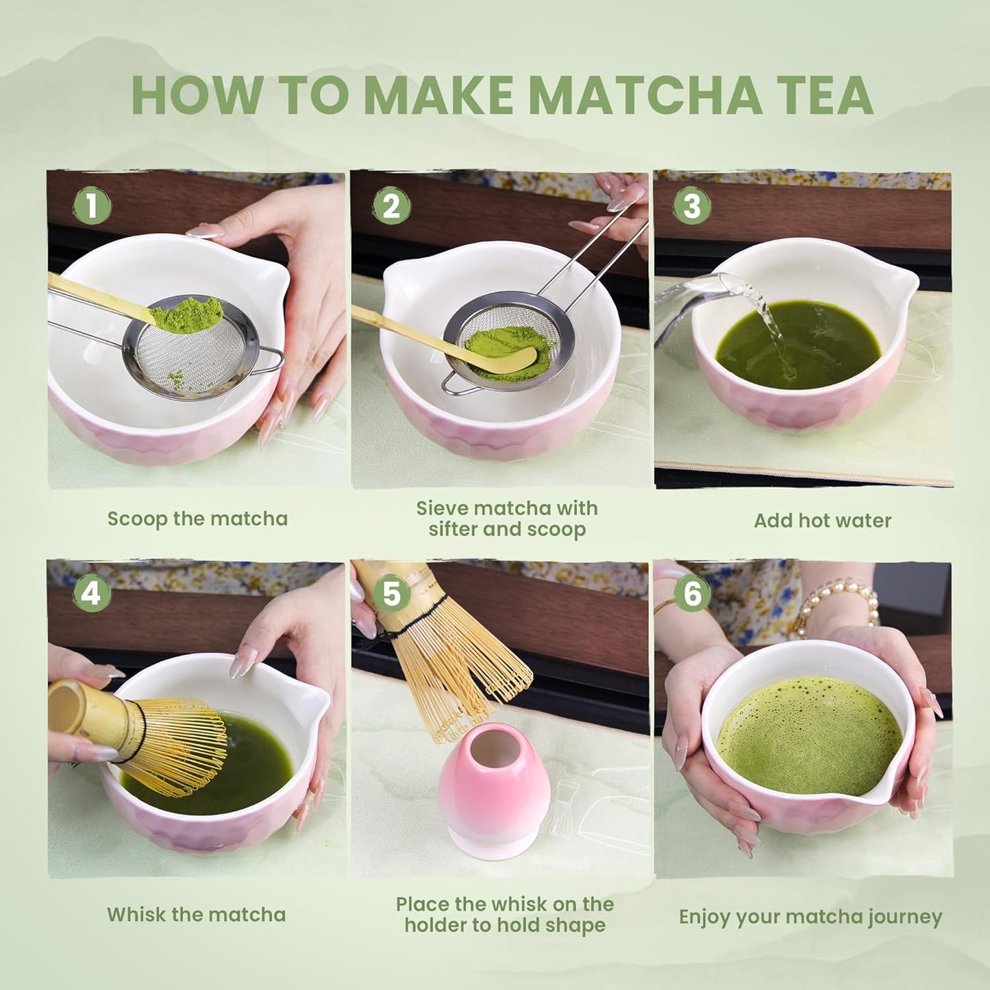 Matcha Whisk Set – Ceramic Matcha Bowl with Pour Spout, Bamboo Whisk, Whisk Holder, Scoop, Sifter – Japanese Matcha Kit for Beginners (Blue)