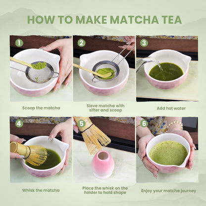 Matcha Whisk Set – Ceramic Matcha Bowl with Pour Spout, Bamboo Whisk, Whisk Holder, Scoop, Sifter – Japanese Matcha Kit for Beginners (Blue)