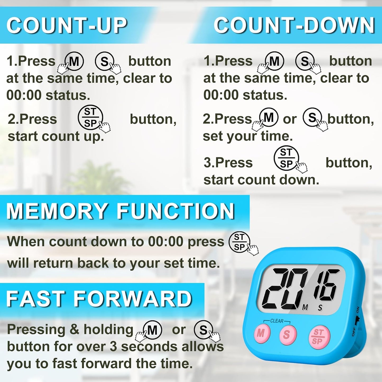 ZILLEEN Kitchen Timer Digital with Magnetic Back for Kids Classroom, White 6 Pack