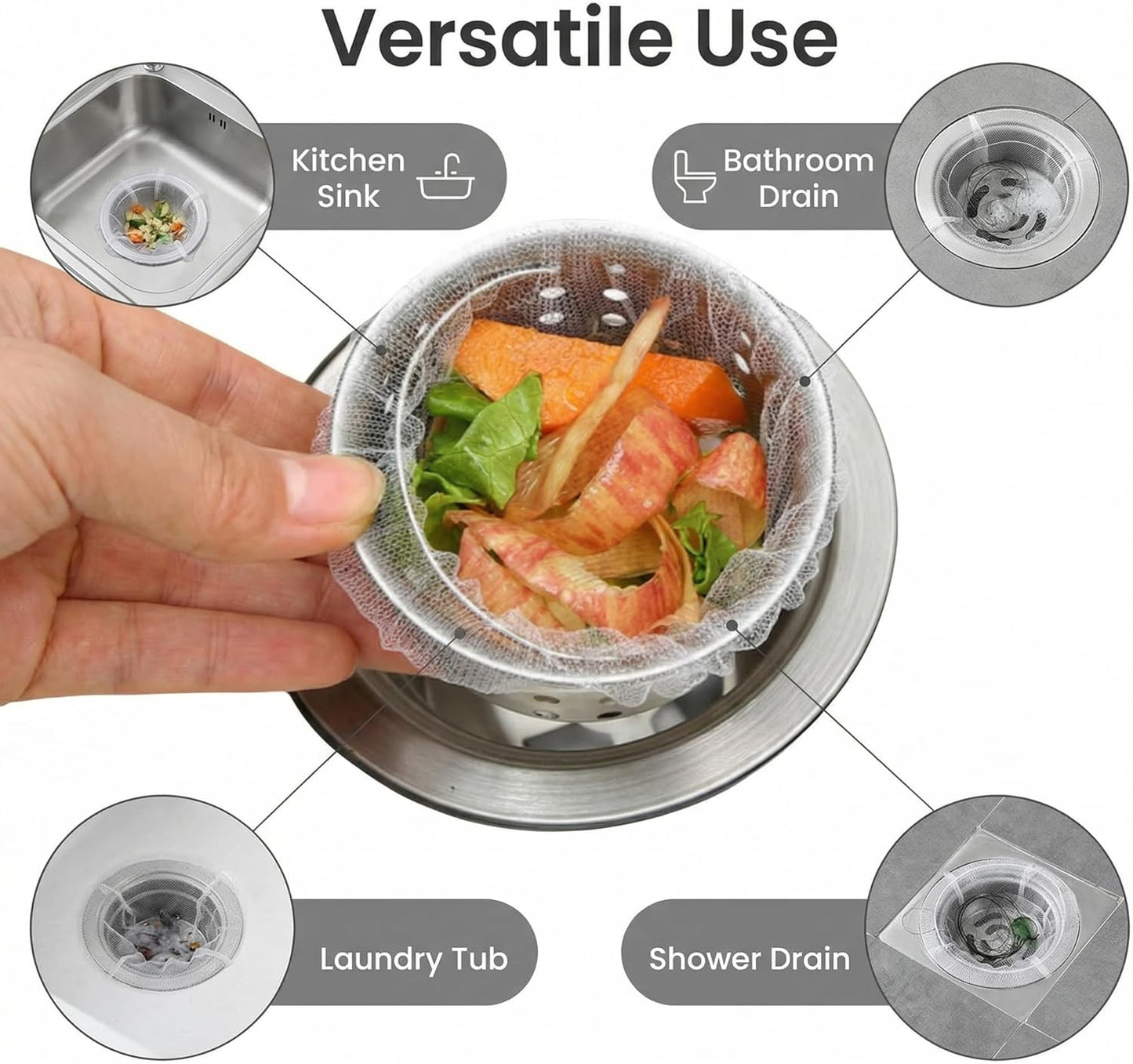 Sink Strainer Bags, 300 Count Disposable Kitchen Sink Drain Mesh Bags, Elastic Fine Net Filter for Food Waste, Universal Fit for Most Sink Strainers