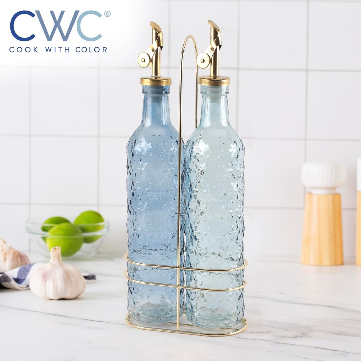 COOK WITH COLOR Glass Olive Oil Bottle Dispenser - 2 Pack- 17oz Oil and Vinegar Cruet - Olive Oil Carafe Decanter for Kitchen, Elegant Waves, Clear