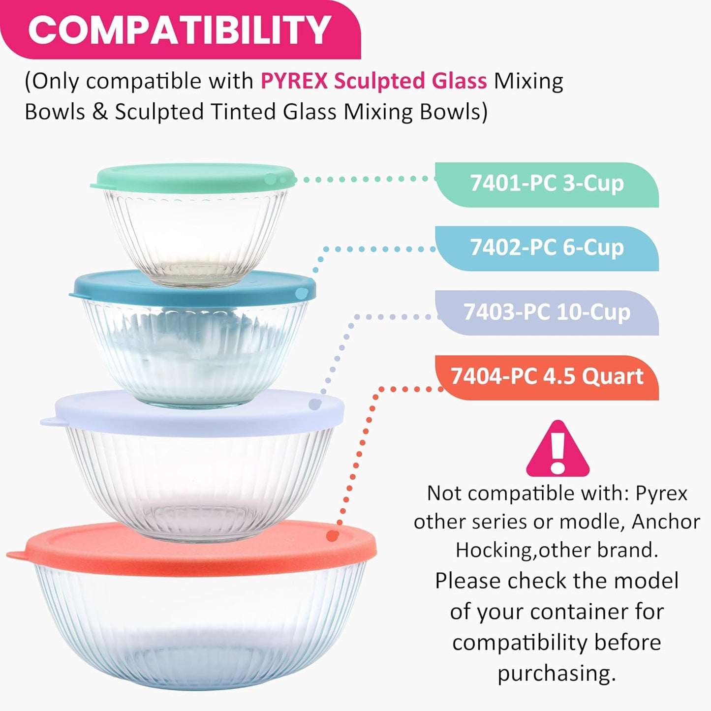 Silicone Lids Fit for Pyrex Sculpted Glass Mixing Bowls, Replacement Lids Compatible with Pyrex 3, 6, 10 Cup & 4.5 Qt Sculpted & Tinted Glass Bowls, Dishwasher Safe (Lid Only)