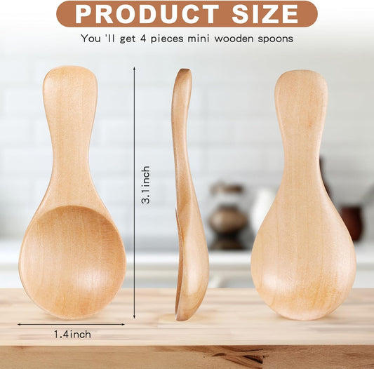 4 Pcs Small Wooden Spoons 3.1 x 1.4 inch Mini Wooden Spoon Handmade Tiny Nature Scoops for Canisters Kitchen Cooking Seasoning Oil Coffee Tea Sugar Condiments Spices Ice Cream Salts