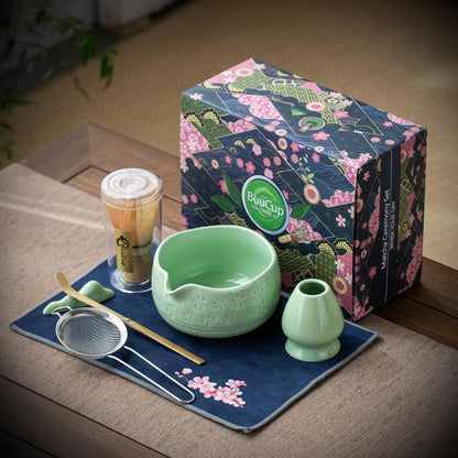 Buucup Matcha Whisk Set, Ceramic Matcha Kit Set Includes Matcha Bowl, Matcha Whisk and Holder, Bamboo Scoop, Scoop Rest, Sifter and Tea Towel - 7 Pcs Matcha Kit for Matcha Lovers (Mottled Green)