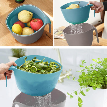 2 in 1 Colander with Long Handle Strainer and Mixing Bowl, Fruit Vegetable Washing Basket, Double Layered Strainer, Non-slip Bottom, Stackable, Dishwasher Safe, Soaking Draining and Straining