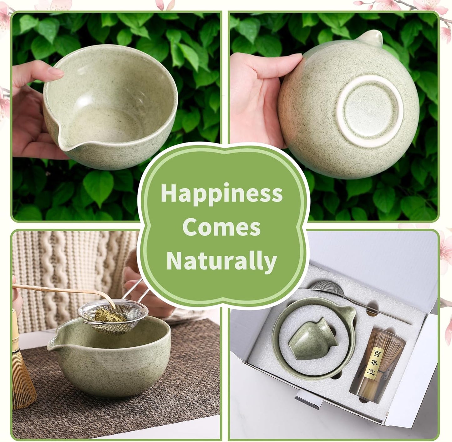 Matcha Whisk Set, 5 Pcs Ceramic Matcha Set, Matcha Kit Set Includes Matcha Bowl, Matcha Whisk and Holder, Bamboo Scoop and Sifter, Matcha Tea Set, Ideal Gift for Family/Friend (Pink)