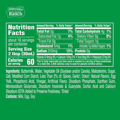 Hidden Valley Light Ranch Condiment and Dressing, Easy Squeeze Bottle, 16 Fl Oz, (Package May Vary)