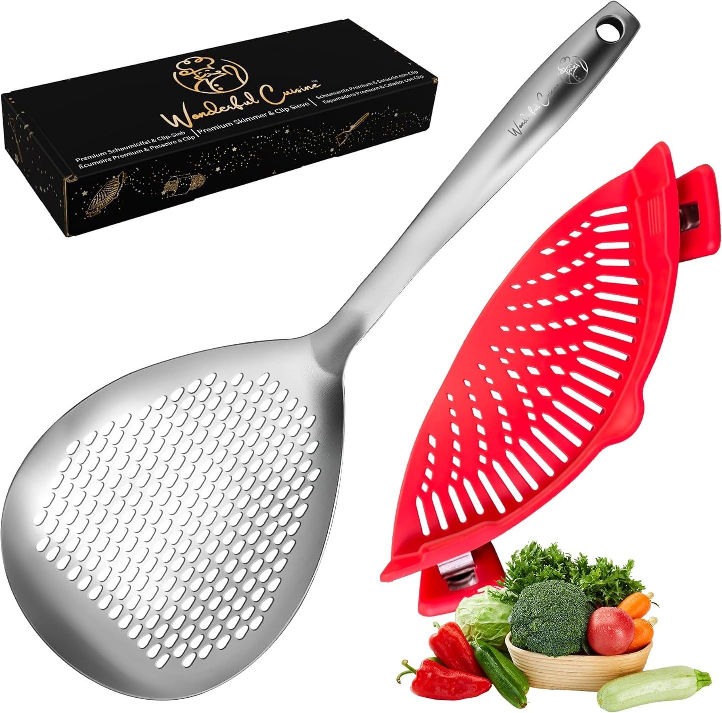 Stainless Steel Skimmer Spoon with Silicone Clip-On Strainer – Multi-Purpose Pasta Strainer, Spider Ladle, Pot Drainer Tool – Heat Resistant & Easy to Clean