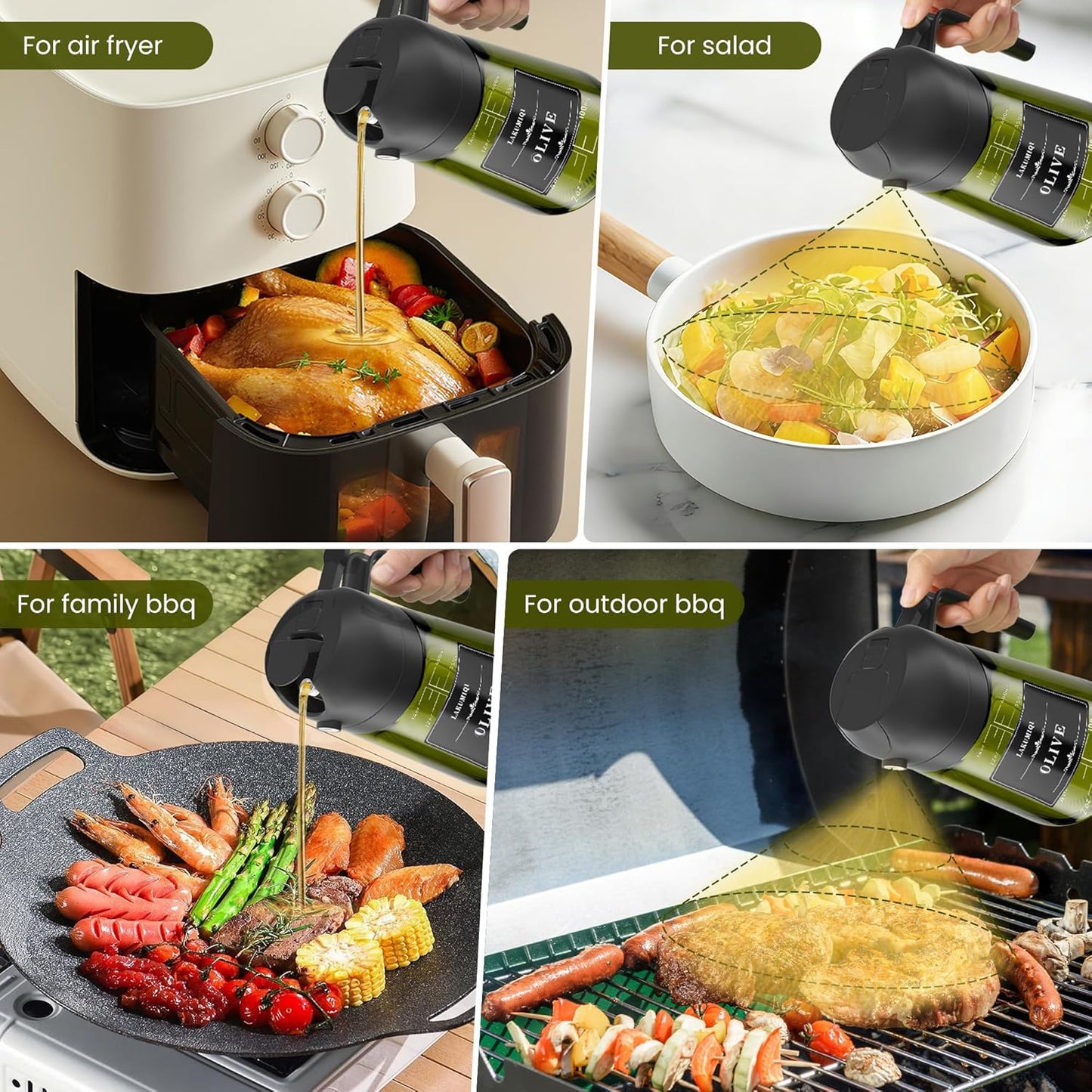 LAKUMIQI 2-in-1 Olive Oil Sprayer for Air Fryer – 16oz Glass Oil Dispenser & Cooking Oil Mister – Spray & Pour Bottle, Non-Aerosol, Leak-Resistant, for Salad, BBQ, Kitchen