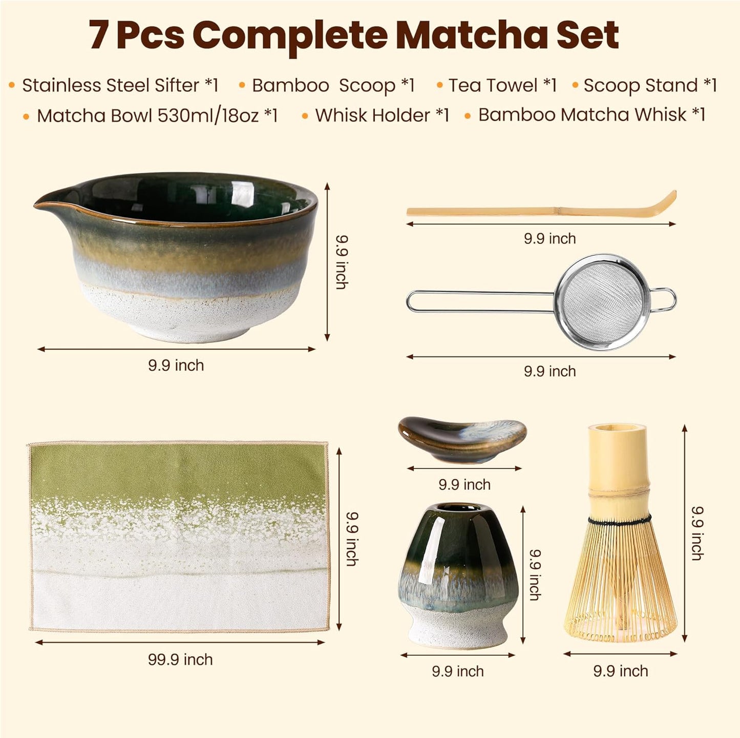 Matcha Whisk Set, Ceramic Matcha Kit Desert Style, Matcha Whisk and Bowl, Bamboo Scoop and Rest, Sifter and Tea Towel, 7 Pcs Gifts for Matcha Lover - Matte Black