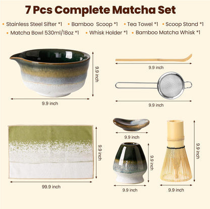 Matcha Whisk Set, Ceramic Matcha Kit Desert Style, Matcha Whisk and Bowl, Bamboo Scoop and Rest, Sifter and Tea Towel, 7 Pcs Gifts for Matcha Lover - Matte Black