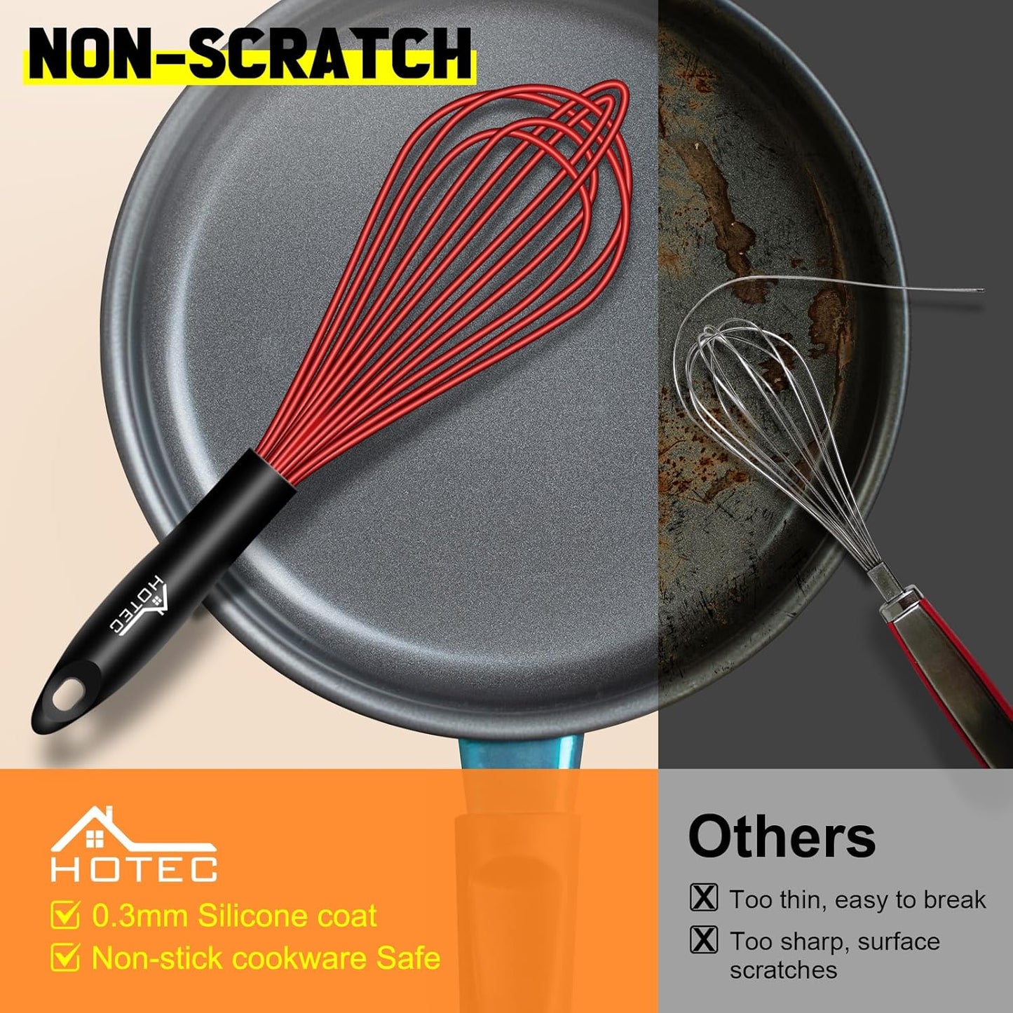 HOTEC 4 Pieces Silicone Whisks Set, Wire Balloon Whisks for cooking Egg Beater, Non-slip Handle Whisk for Non-stick Cookware Perfect for Cooking, Stirring, Beating and Blending (Multicolor)