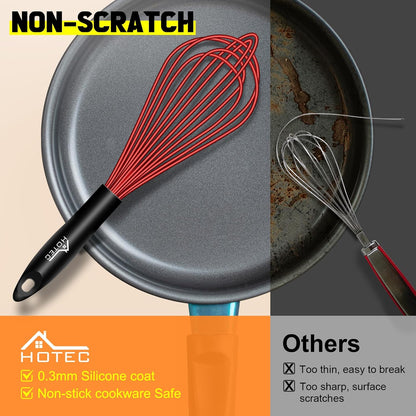HOTEC 4 Pieces Silicone Whisks Set, Wire Balloon Whisks for cooking Egg Beater, Non-slip Handle Whisk for Non-stick Cookware Perfect for Cooking, Stirring, Beating and Blending (Multicolor)