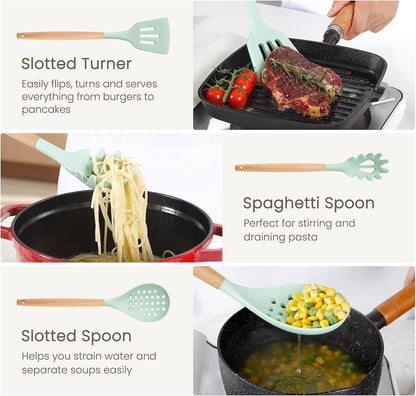 26 Pcs Silicone Cooking Utensils Set with Holder, NCUE BPA Free Kitchen Utensils Set for Cooking, 446°F Spatulas Silicone Heat Resistant Wooden Handle Spoon Tongs Non-stick Kitchen Gadgets (Khaki)
