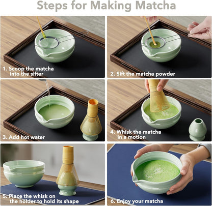 Matcha Whisk Set, Perfect Matcha Kit for Matcha Lovers Includes Ceramic Bowl, Bamboo Whisk, Holder, Scoop, Sifter & Cloth - 7 Pcs Matcha Kit