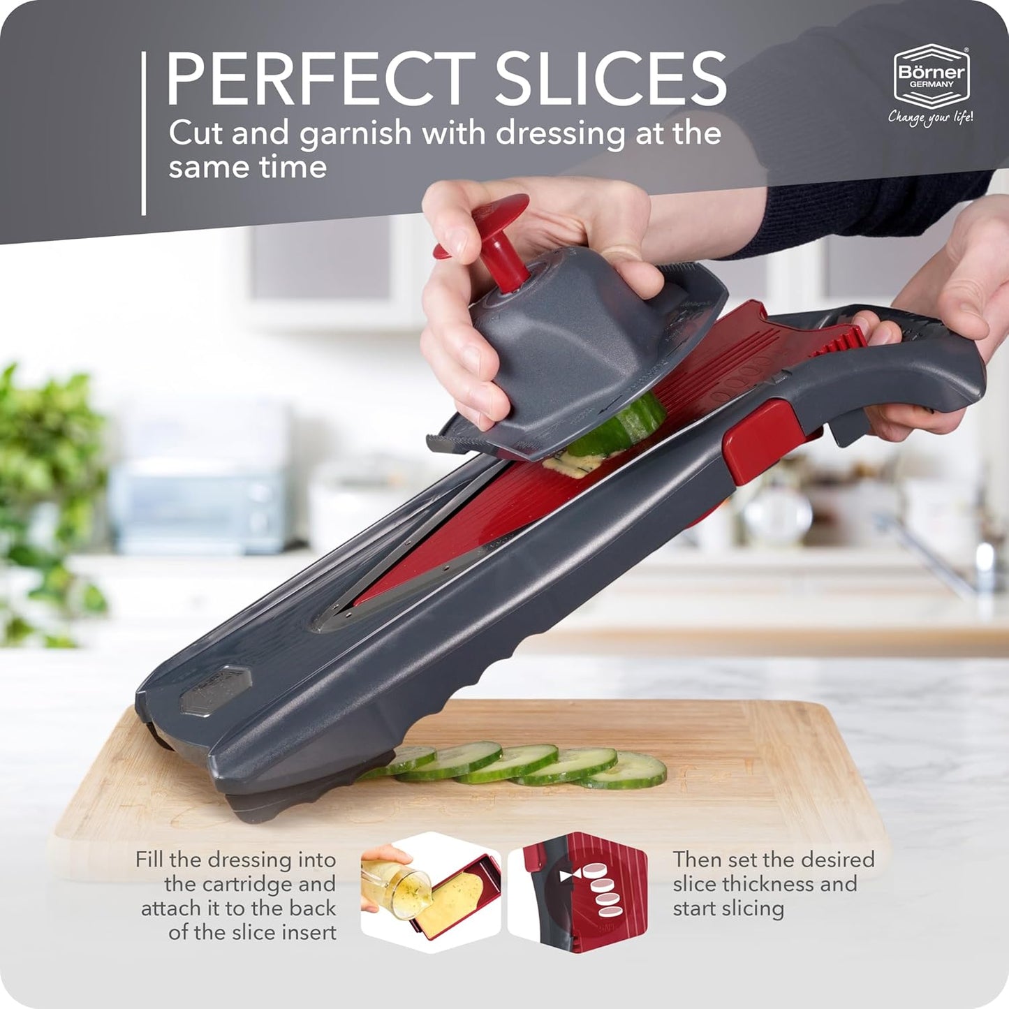 Börner Mandoline Slicer Vital (Profi Set) • Vegetable Slicer with Stainless Steel V-Blade & Dressing Function • 12 Cutting Styles • For Slices, Zoodles, Strips, & Dices in Various Thicknesses