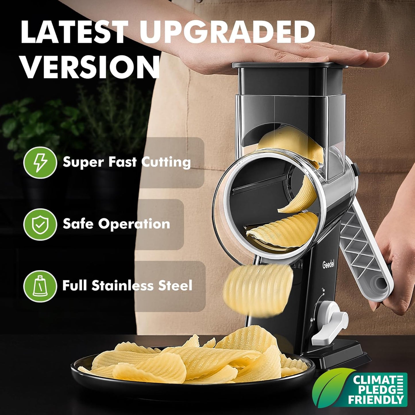 Geedel Rotary Cheese Grater - Upgraded Vegetable Shredder with 4 Interchangeable Blades, Easy to Clean Cheese Shredder with Handle, Kitchen Grater Nuts Grinder for Cutting Cheese, Vegetable, Nuts
