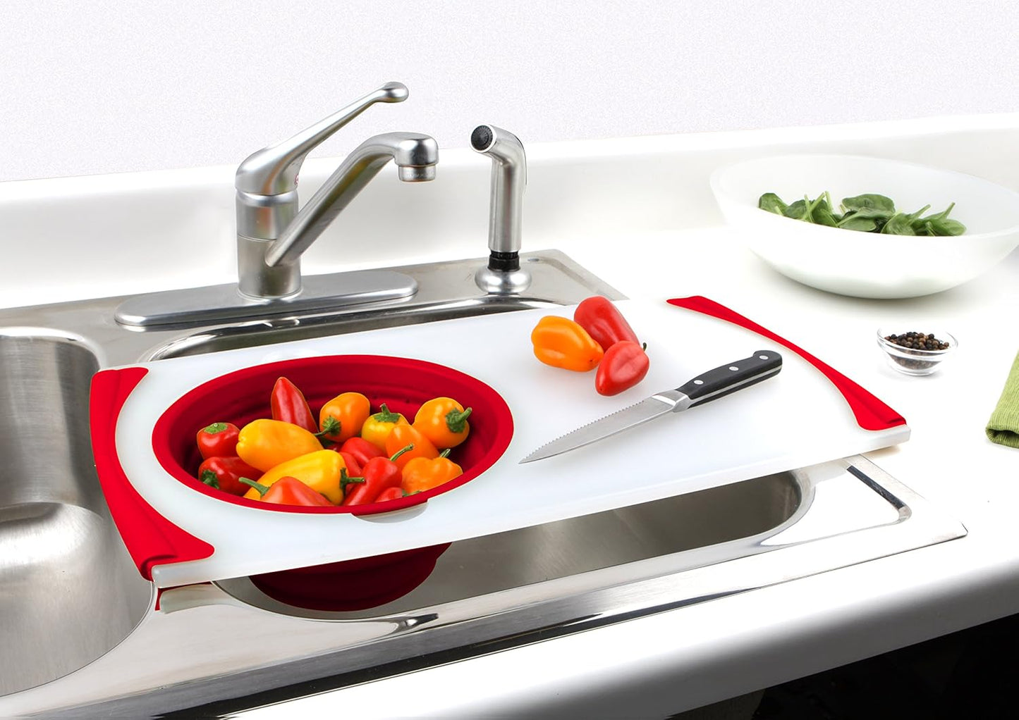 Dexas Over the Sink PolyFiber Flax Cutting Board with Collapsible Colander Strainer, 11.5 x 20", Cream