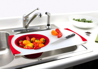 Dexas Over the Sink PolyFiber Flax Cutting Board with Collapsible Colander Strainer, 11.5 x 20", Cream