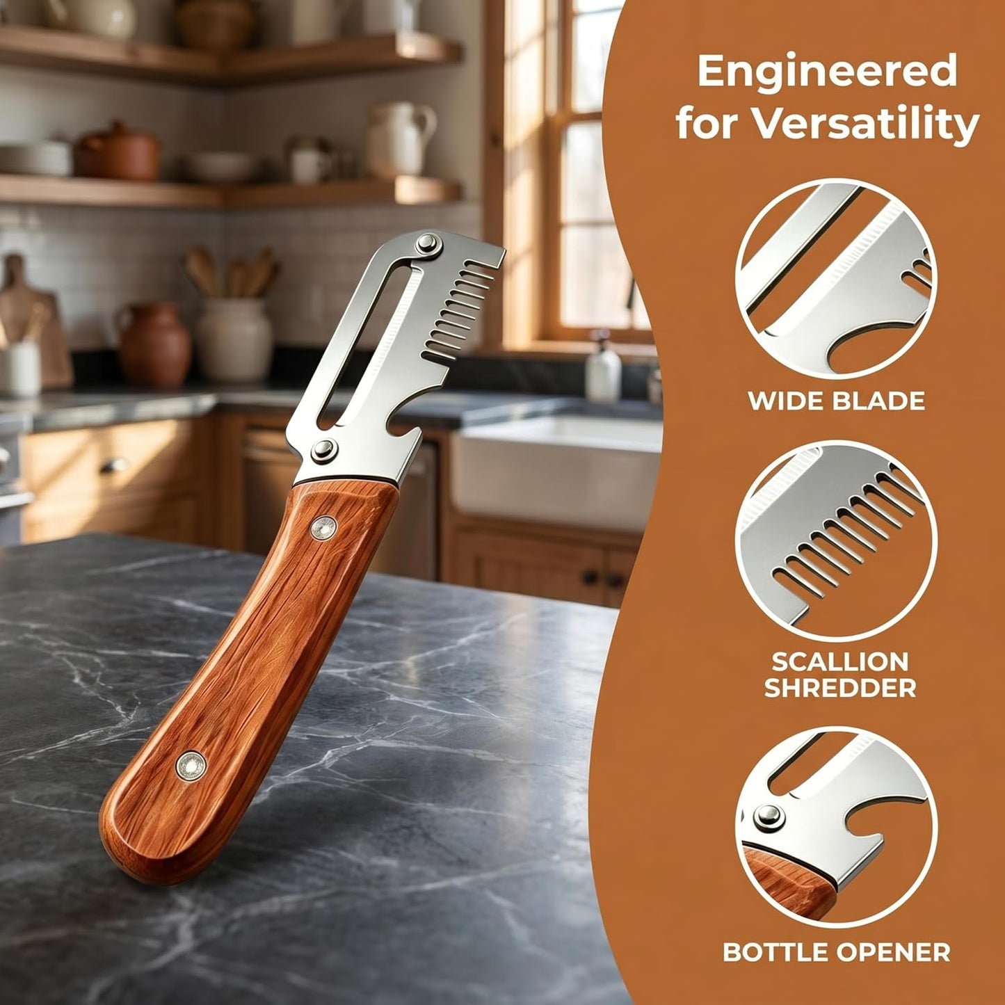2026 Upgrade 3-in-1 Veg Peeler, Wood Handle Thick Stainless Steel Wide Blade, Scallion Shredder & Bottle Opener, Ultra-Sharp Multi Peeler for Potato Carrot Kitchen Camping Travel (1pcs+1ps)