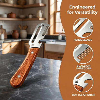 2026 Upgrade 3-in-1 Veg Peeler, Wood Handle Thick Stainless Steel Wide Blade, Scallion Shredder & Bottle Opener, Ultra-Sharp Multi Peeler for Potato Carrot Kitchen Camping Travel (1pcs+1ps)