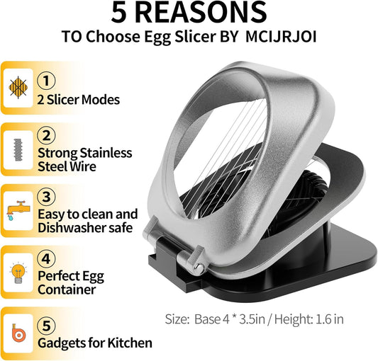 Egg Slicer with Stainless Steel Wires, Aluminum One-Press Slicer for Hard Boiled Eggs, 0.2" Even Slices for Salads & Sandwiches, Strawberries, Mushrooms & Soft Cheese, Sliver