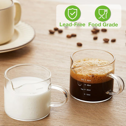 Mfacoy 2 Pack Measuring Cups, 75ML Espresso Cups with Handle, Espresso Shot Glasses with V-Shaped Mouth, Clear Accessories, Milk Frothing Pitcher | with Handle, with V-Shaped Mouth, Accessories