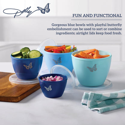 Dolly Parton Prep Bowl Set with Lids, 4 Piece Blue Butterfly Design, Airtight Storage, Mixing and Serving Bowls, Dishwasher Safe, 1 Through 4 Cup Sizes