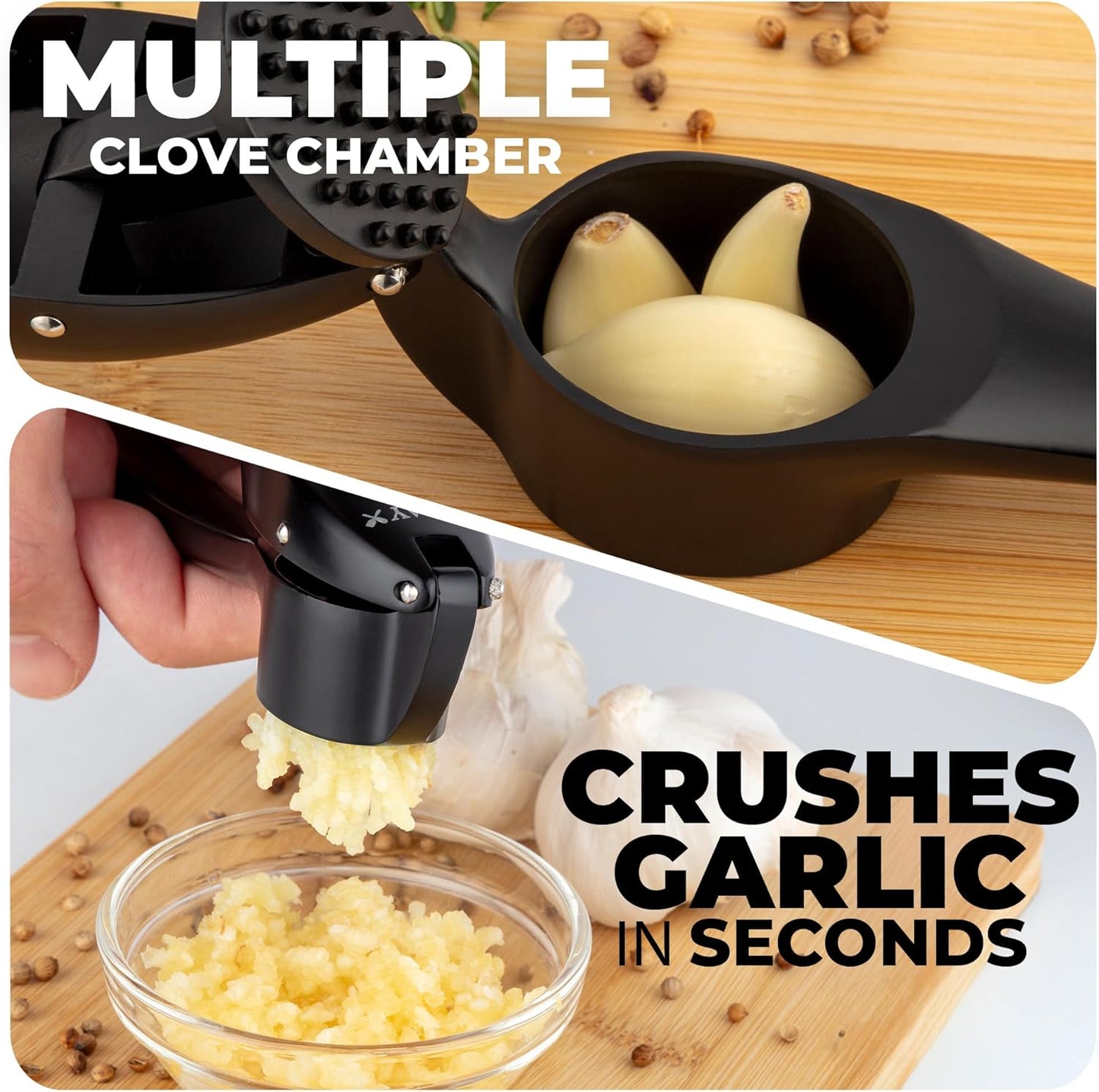 Zulay Kitchen Premium Garlic Press Set - Rust Proof Professional Garlic Mincer Tool - Easy-Squeeze, Easy-Clean with Soft, Ergonomic Handle - Silicone Garlic Peeler & Brush (Silver)