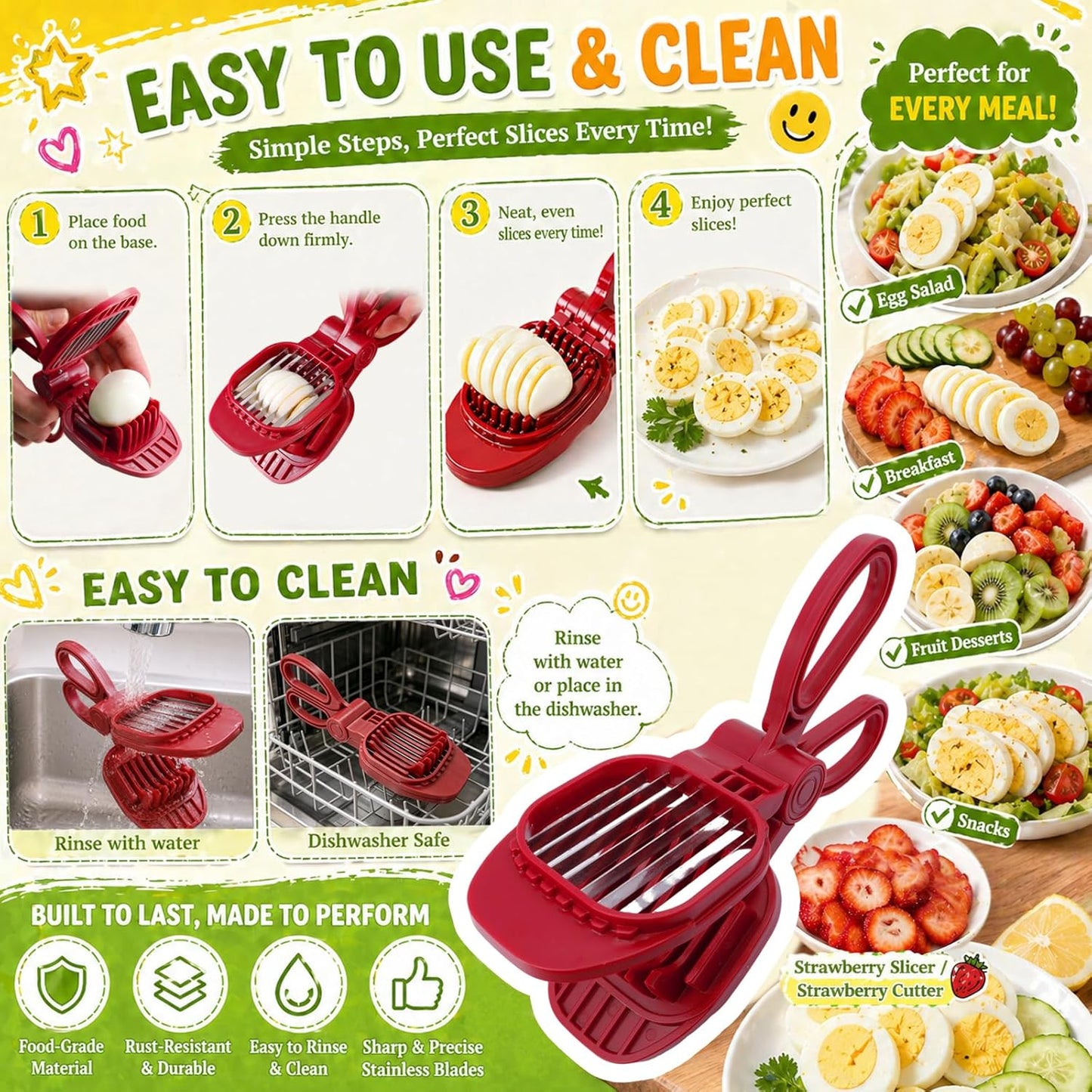 JAYVAR Large Egg Slicer for Hard Boiled Eggs, Egg Cutter with Thick and Sturdy Blade, Boiled Eggs Slicer with Long Handle, Stainless Steel Strawberry Slicers for EggChopper, Sturdy Easy to Clean Use