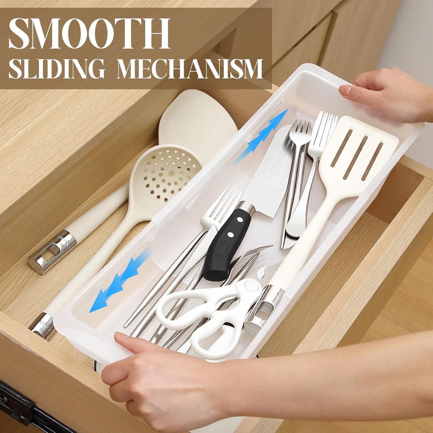 2 Pack Deep Drawer Organizer Bins, Adjustable Sliding Drawer Organizer Bin Expandable Tray for Kitchen Utensils, BBQ Tools, Towels, Durable Plastic Sliding for Easy Storage (12.4" to 18”)