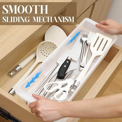 2 Pack Deep Drawer Organizer Bins, Adjustable Sliding Drawer Organizer Bin Expandable Tray for Kitchen Utensils, BBQ Tools, Towels, Durable Plastic Sliding for Easy Storage (12.4" to 18”)