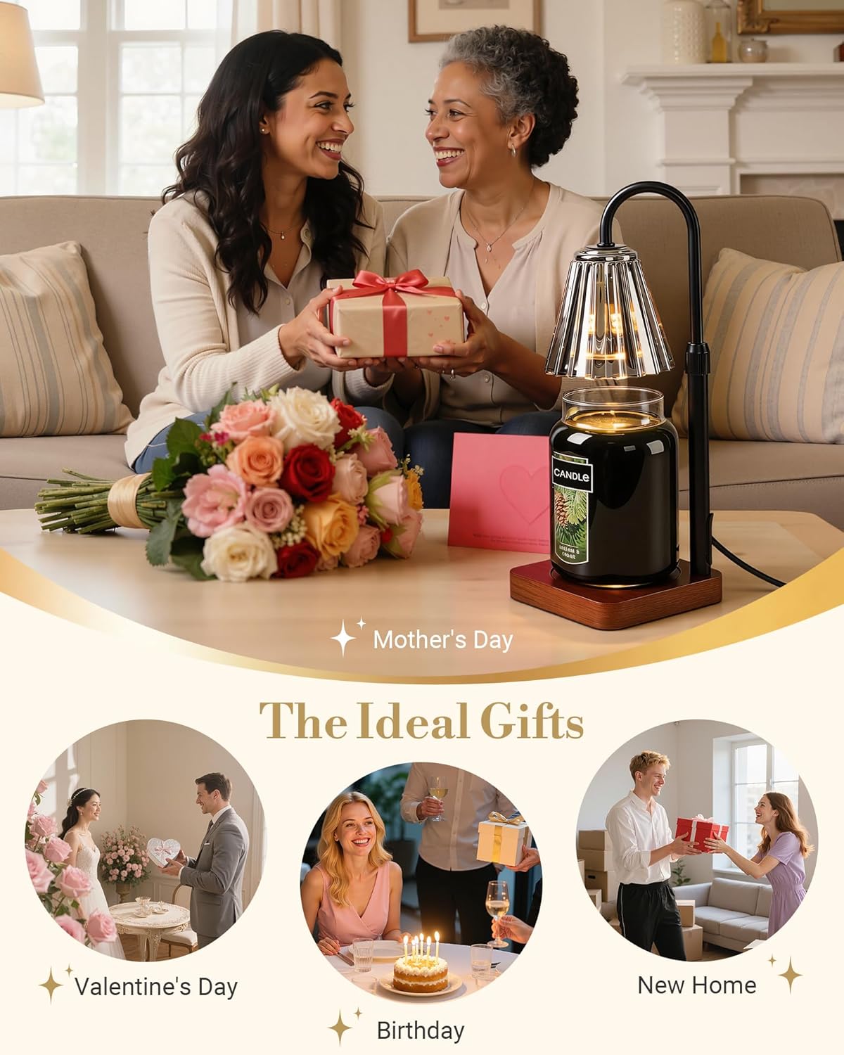 Marycele Candle Warmer Lamp with Timer & Dimmer - Mothers Day Gifts for Women Mom Her, Aesthetic Office Home Decor, Adjustable Height Wax Melter for Candle Jar & 3-Wick Candles (2 Bulbs Included)
