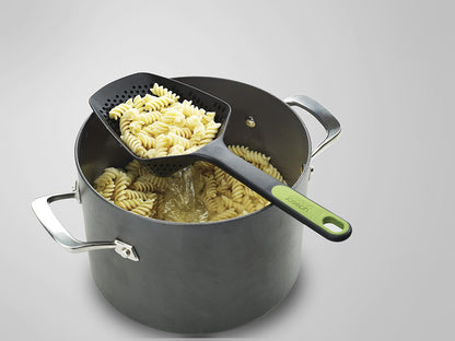 Joseph Joseph Scoop Plus Colander, Spoon Drainer/Strainer, Scoop, Drain and Serve, heat resistant up to 200°C (392°F), Dishwasher safe, Large, Black