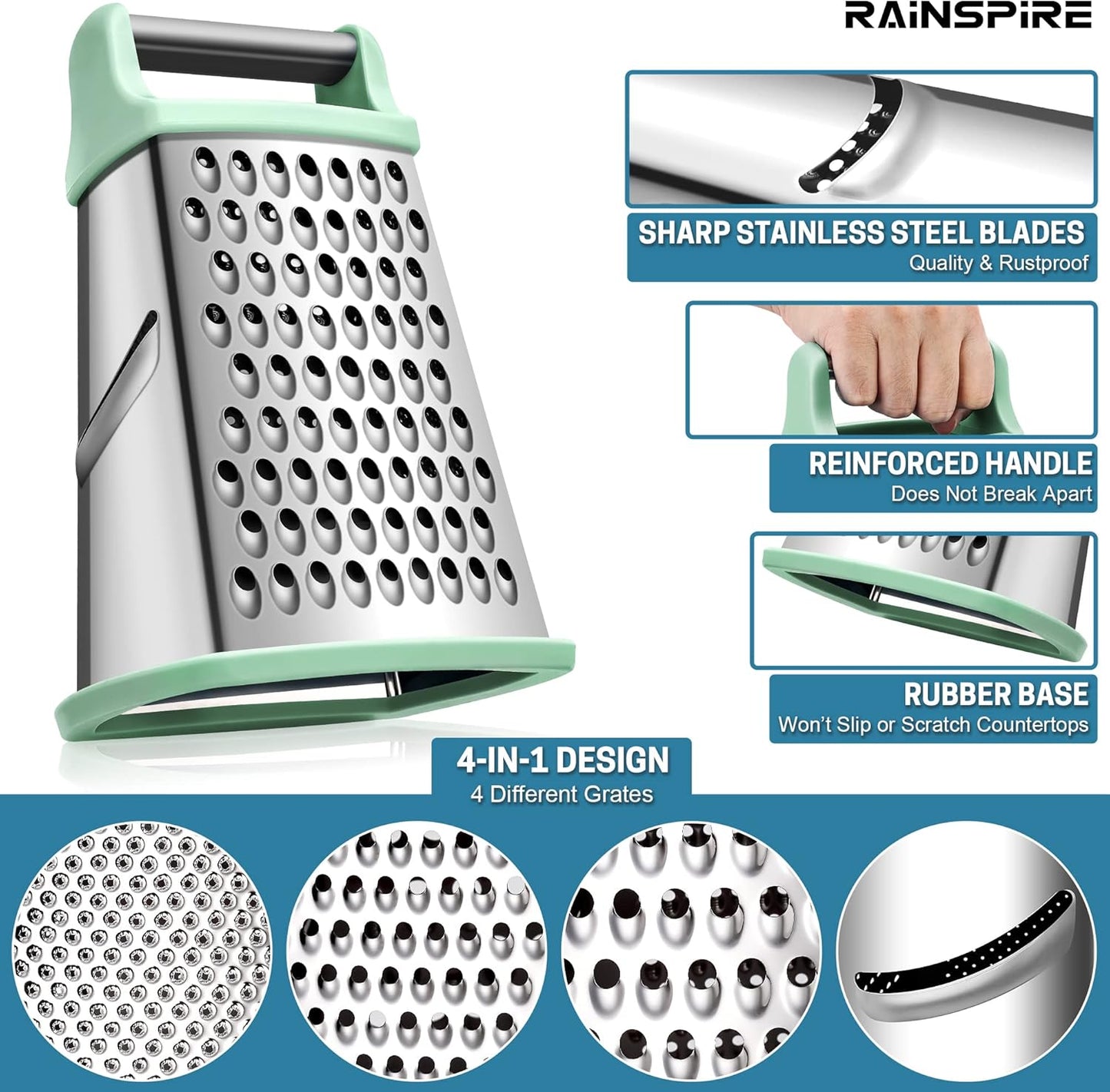 Rainspire Professional Box Grater, Cheese Grater Box for Kitchen Stainless Steel with 4 Sides, Cheese and Spice Graters with Handle for Vegetables, Ginger, Potatoes, Mint