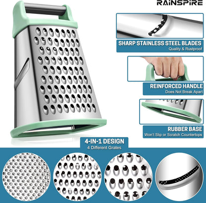 Rainspire Professional Box Grater, Cheese Grater Box for Kitchen Stainless Steel with 4 Sides, Cheese and Spice Graters with Handle for Vegetables, Ginger, Potatoes, Mint