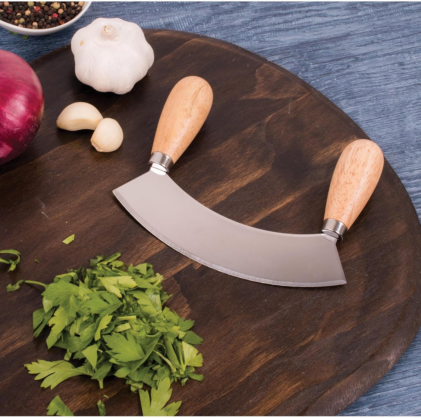 HIC Kitchen Mezzaluna Rocking Chopper And Mincing Knife With Double Handles, Stainless Steel, Rubberwood, For Herbs Vegetables Nuts And More