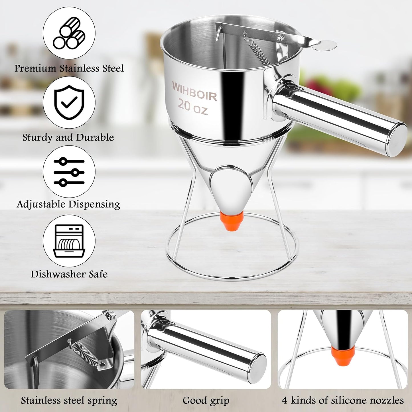 Stainless Steel Pancake Batter Dispenser with Squeeze Handle and Multi-Nozzle, for Pancakes, Cupcakes, and Baked Goods. 40 oz