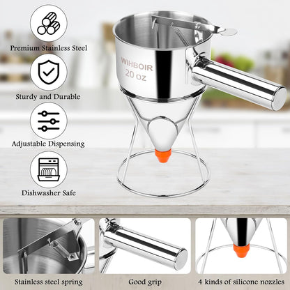 Stainless Steel Pancake Batter Dispenser with Squeeze Handle and Multi-Nozzle, for Pancakes, Cupcakes, and Baked Goods. 40 oz