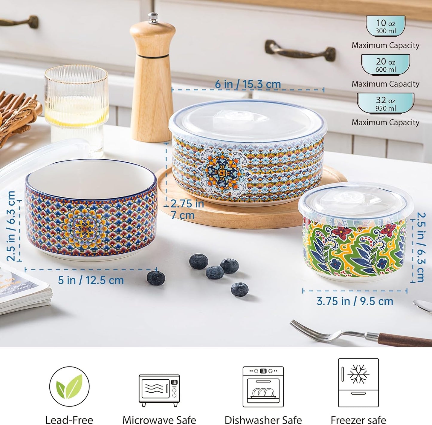 HENXFEN LEAD Ceramic Food Storage Bowls with Lids, Nesting Set of 3 (10, 20 & 32 oz), Prep & Serving Bowls, Microwave, Dishwasher & Freezer Safe, Bohemian Style