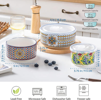 HENXFEN LEAD Ceramic Food Storage Bowls with Lids, Nesting Set of 3 (10, 20 & 32 oz), Prep & Serving Bowls, Microwave, Dishwasher & Freezer Safe, Bohemian Style