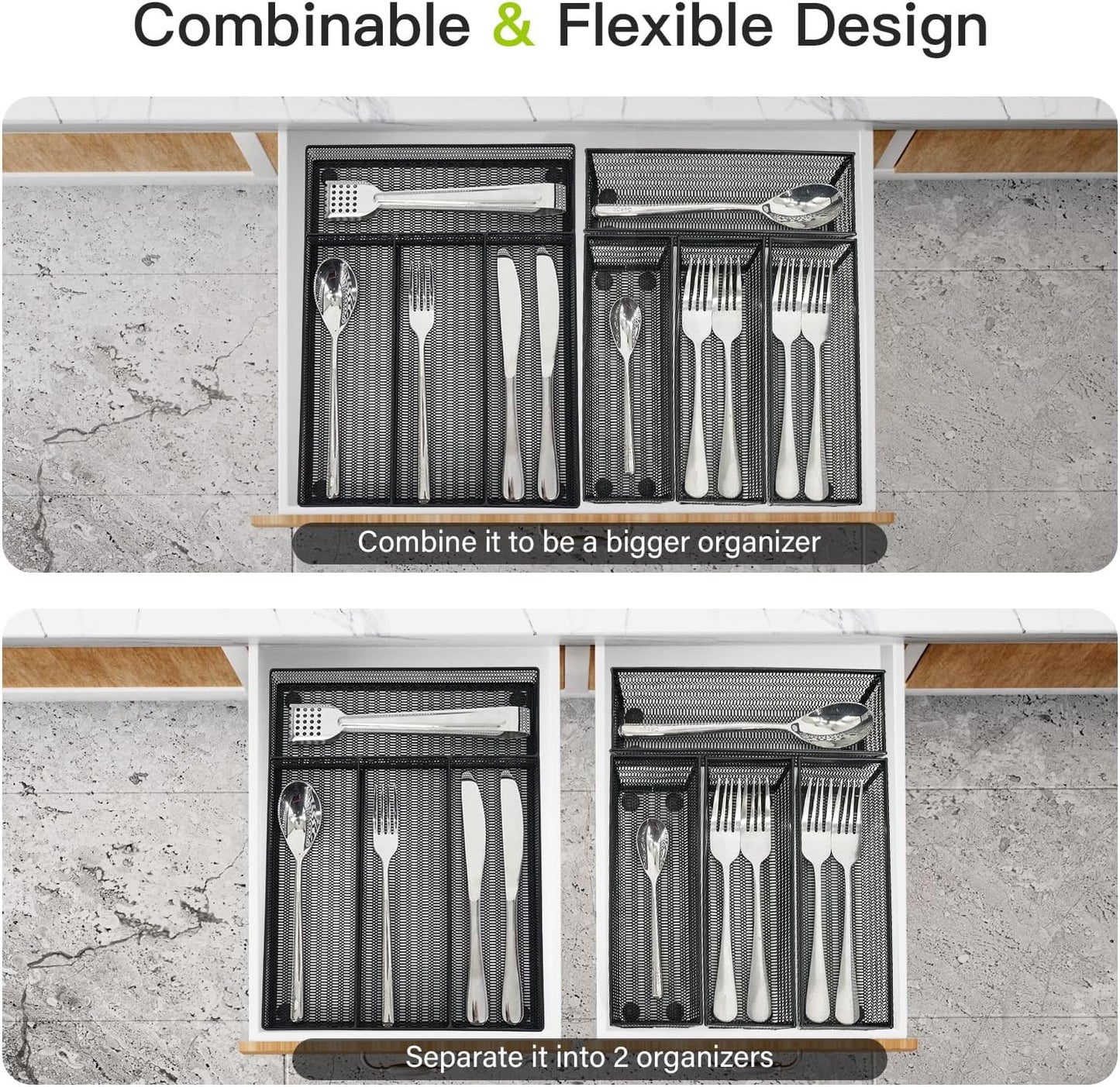Neudeco Silverware Drawer Organizer - 5 Compartment Cutlery Tray with Non-Slip Feet, Mesh Wire Flatware Storage Divider for Kitchen, Bedroom, Living Room (Silver)