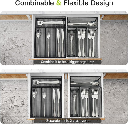 Neudeco Silverware Drawer Organizer - 5 Compartment Cutlery Tray with Non-Slip Feet, Mesh Wire Flatware Storage Divider for Kitchen, Bedroom, Living Room (Silver)
